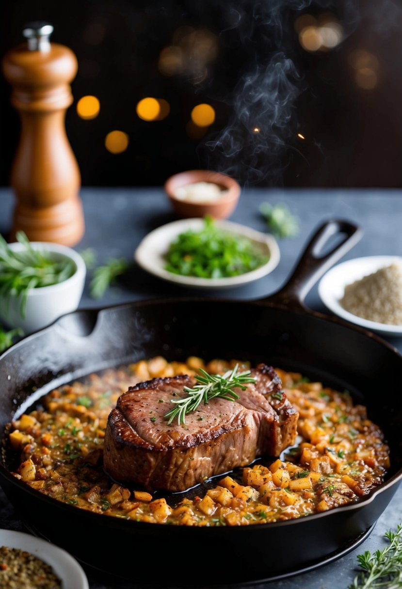 A sizzling backstrap steak frying in a cast iron skillet, surrounded by herbs and spices