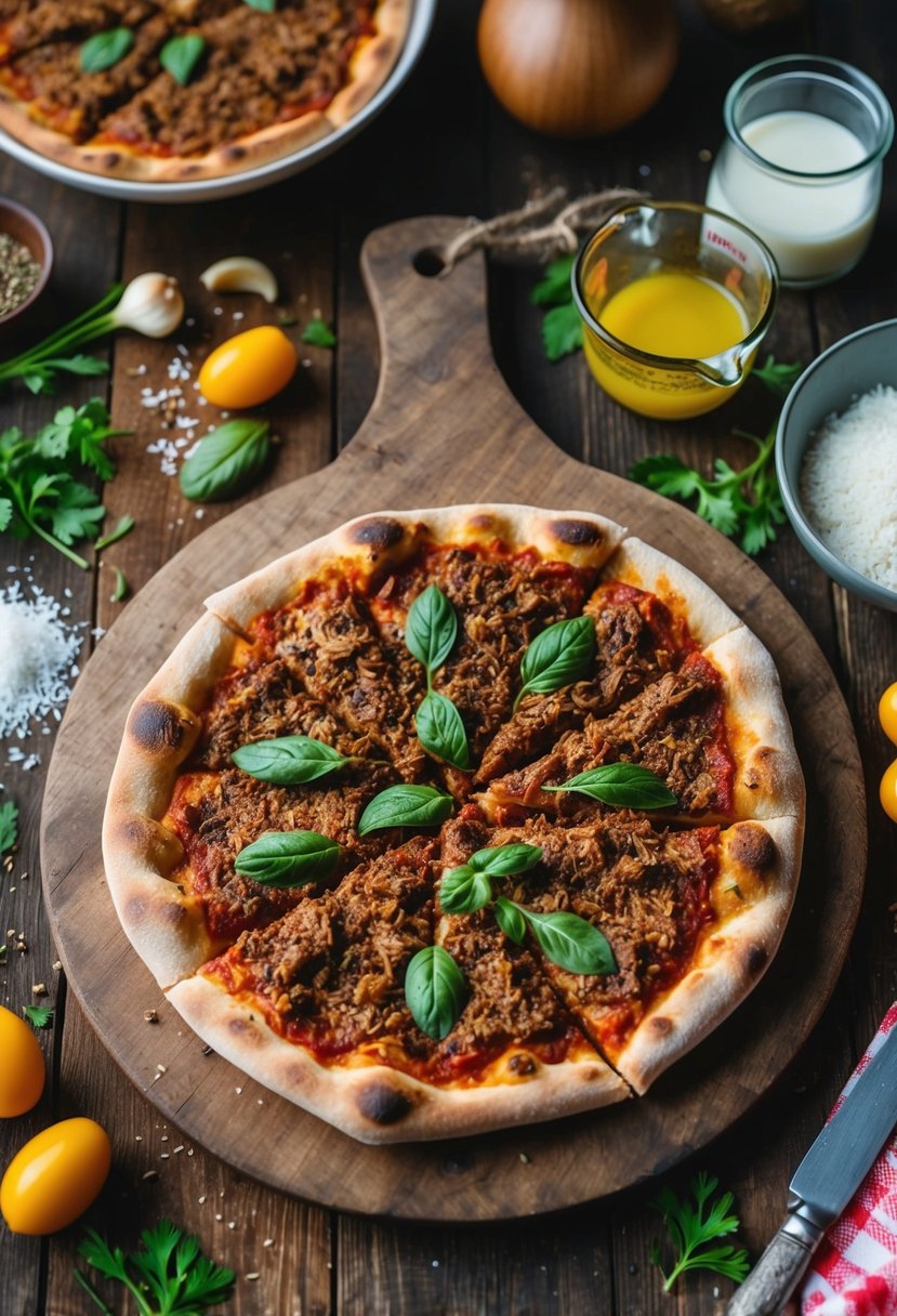 A rustic wooden table with a tangy deer meat pizza surrounded by scattered recipe ingredients