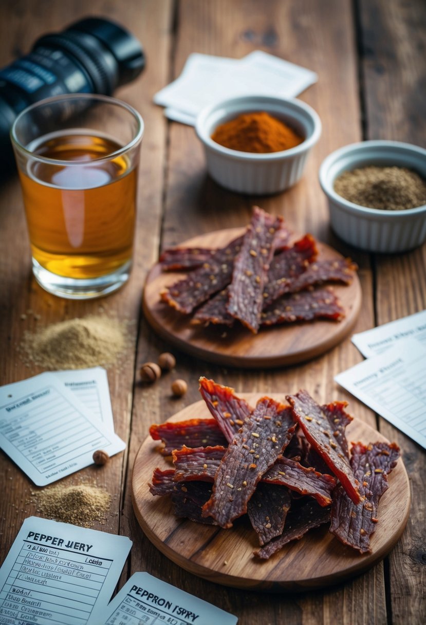 A rustic wooden table displays a variety of peppery venison jerky alongside scattered recipe cards and ground spices