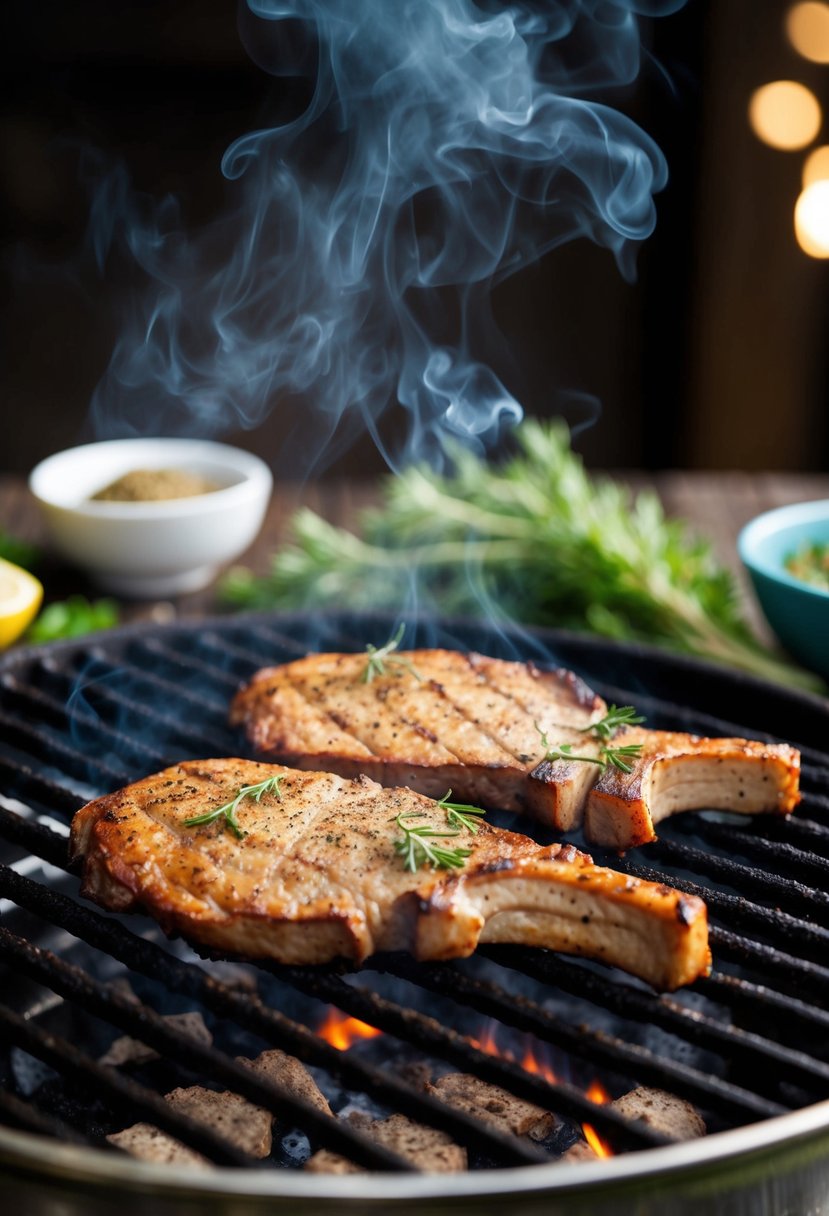 A grill sizzling with seasoned axis backstrap, smoke rising in the air, surrounded by fresh herbs and spices