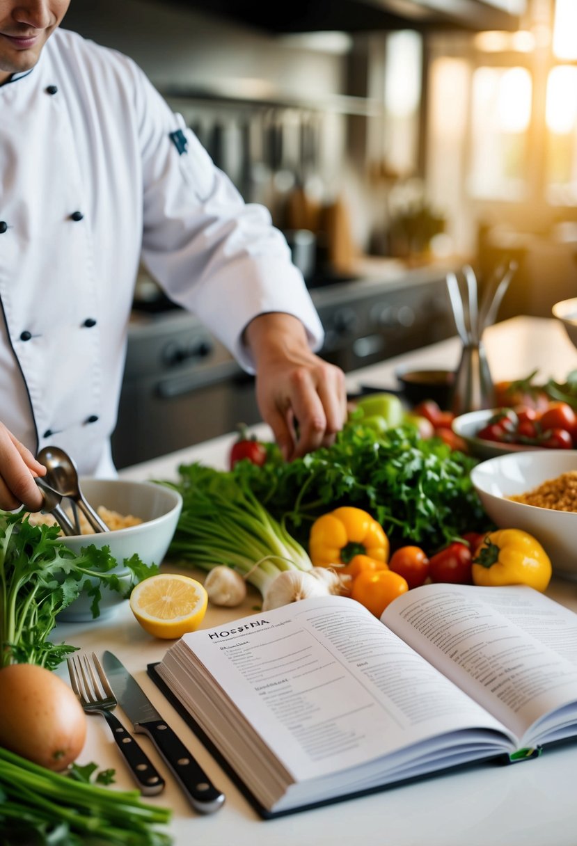 A chef's table with a variety of fresh ingredients, cooking utensils, and a cookbook open to a recipe page