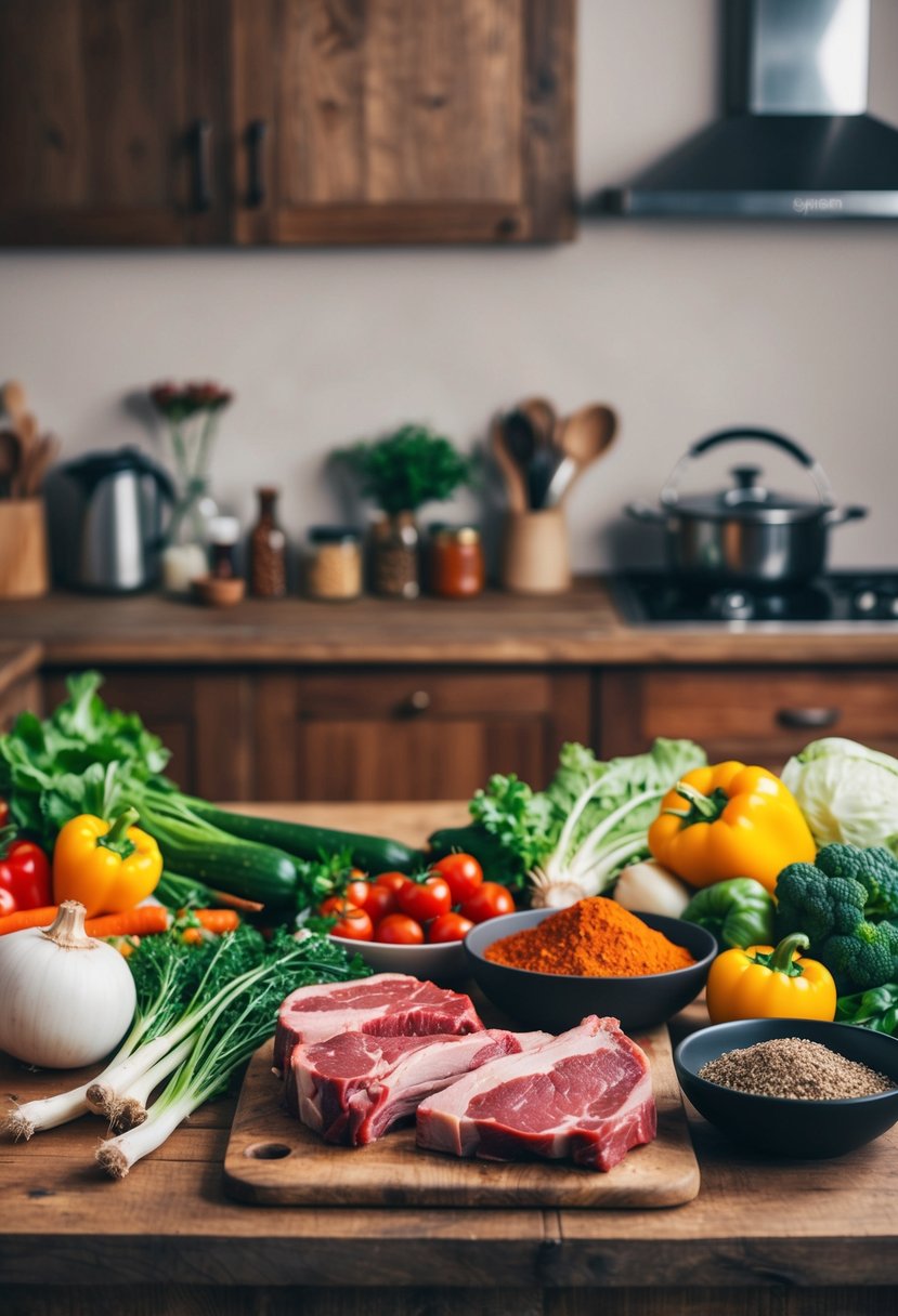 A rustic kitchen counter with fresh axis deer meat, assorted vegetables, and a variety of spices laid out for cooking