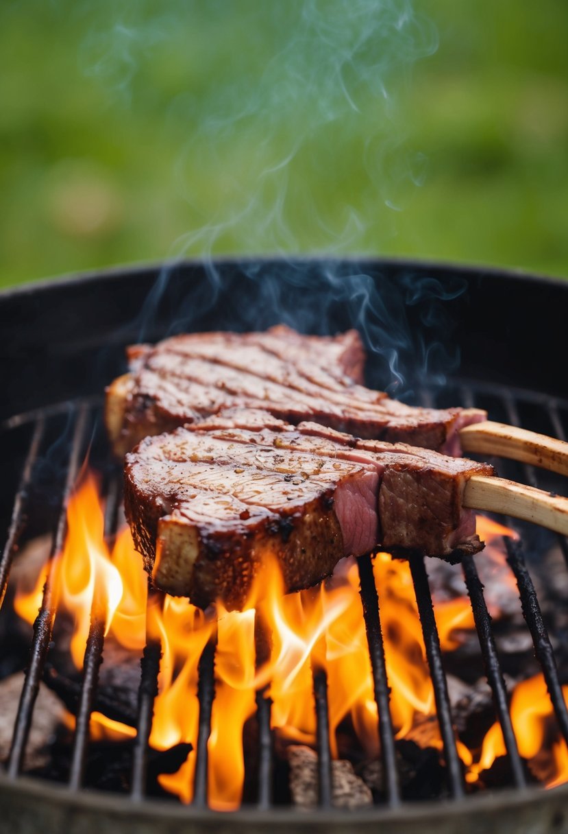 A sizzling grill with juicy axis deer steaks cooking over open flames