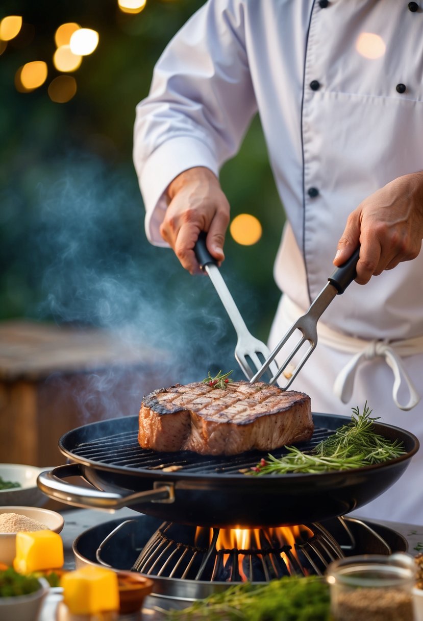 A chef grilling tenderloin on a hot barbecue, surrounded by various herbs and spices