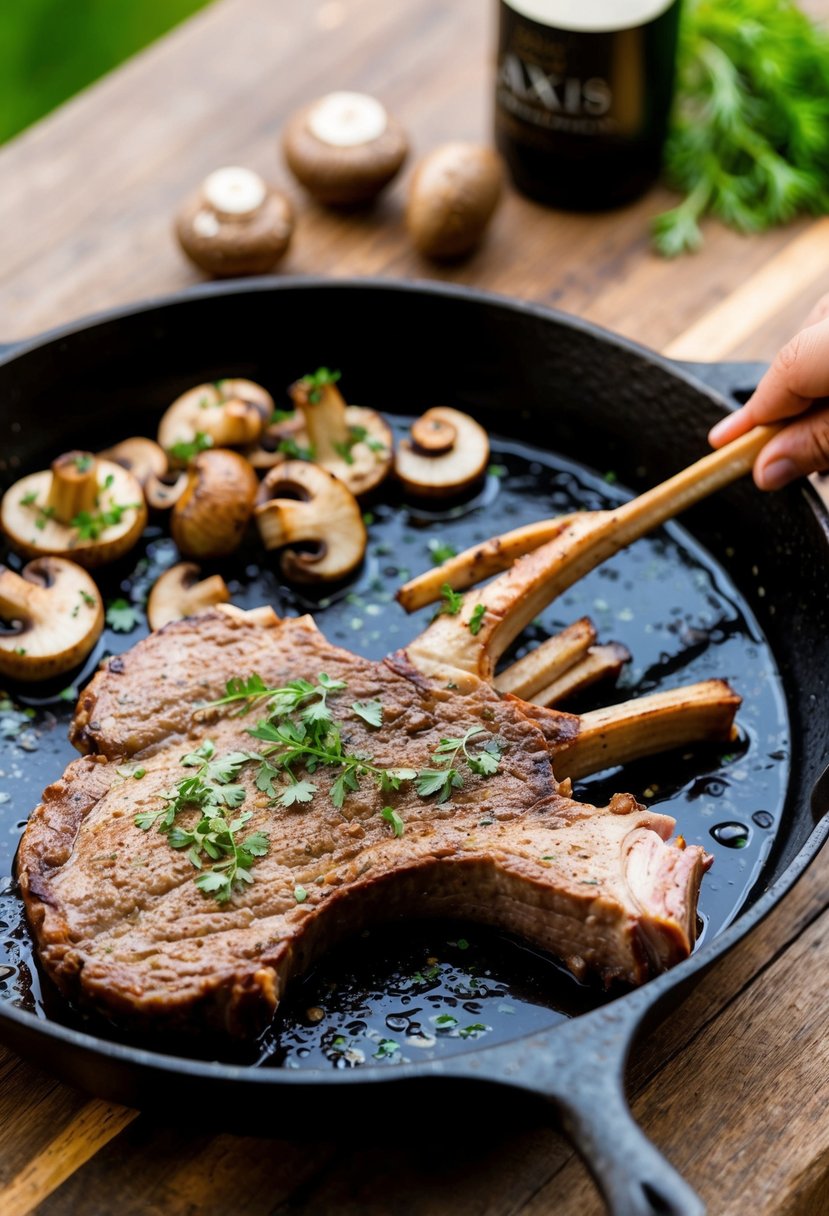 A sizzling backstrap of axis deer is being grilled alongside sautéed mushrooms in a cast iron skillet, with a sprinkle of fresh herbs on top