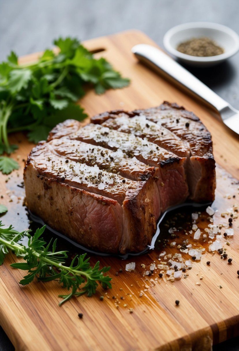 A sizzling axis tenderloin steak seasoned with sea salt and black pepper, resting on a wooden cutting board with fresh herbs and spices scattered around