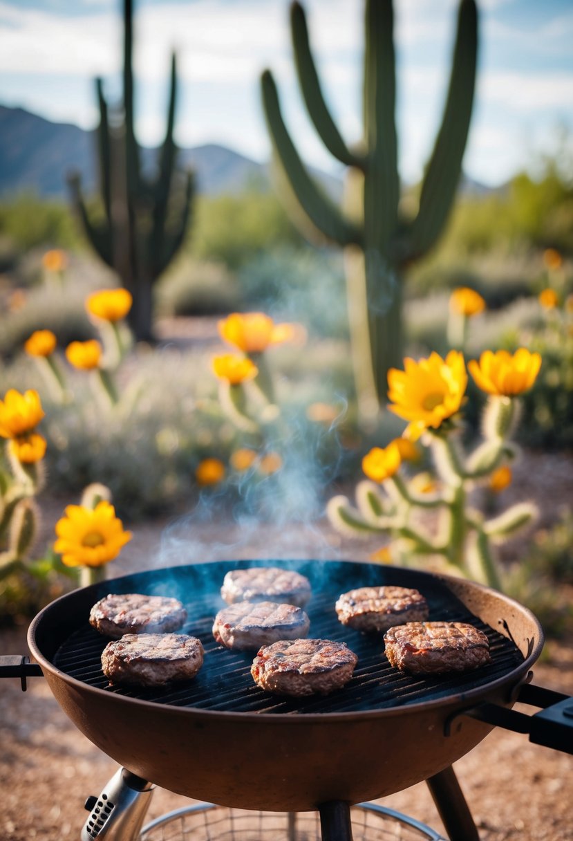 A rustic grill sizzling with Texas Axis Venison Burgers, surrounded by wildflowers and cacti in the background