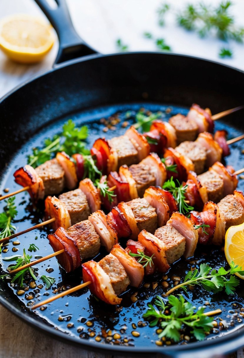 A sizzling skillet with bacon-wrapped skewers of axis tenderloin, surrounded by fresh herbs and spices