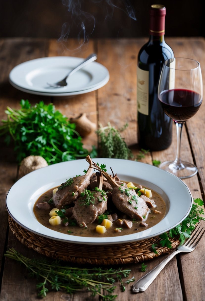 A rustic wooden table set with a steaming plate of venison stroganoff, surrounded by fresh herbs and a bottle of red wine