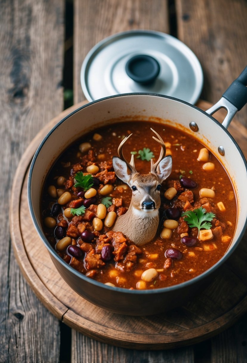 A pot of simmering axis deer chili with beans on a rustic wooden table