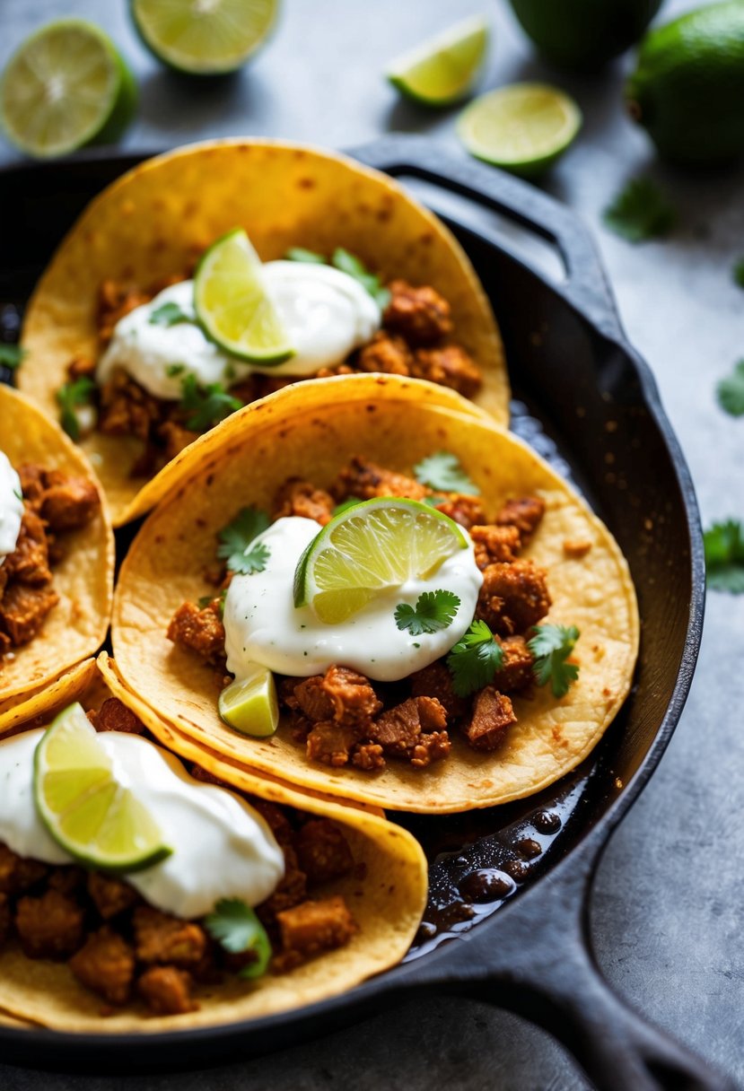 A sizzling skillet of spicy axis tacos topped with lime crema