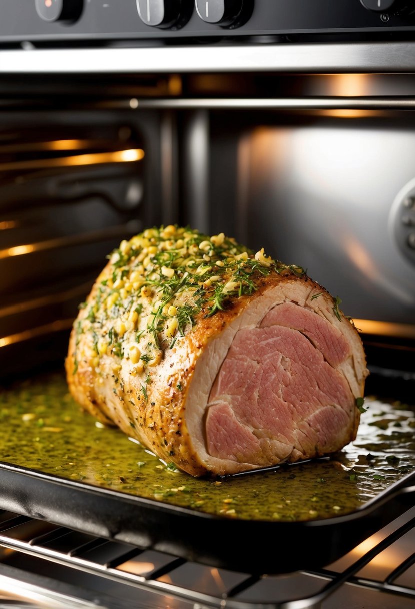 A succulent axis tenderloin coated in herb and garlic seasoning, roasting in a sizzling hot oven