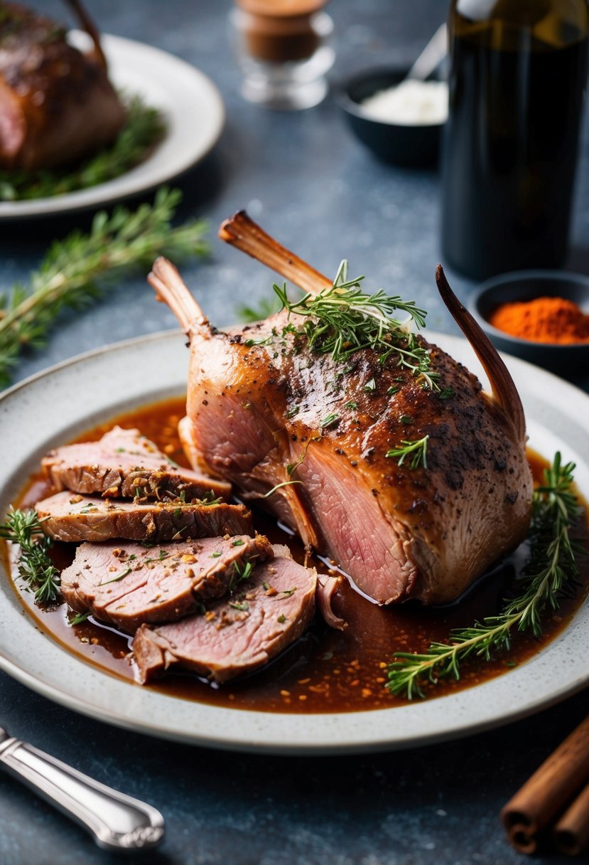 A platter of roasted venison garnished with fresh herbs and spices