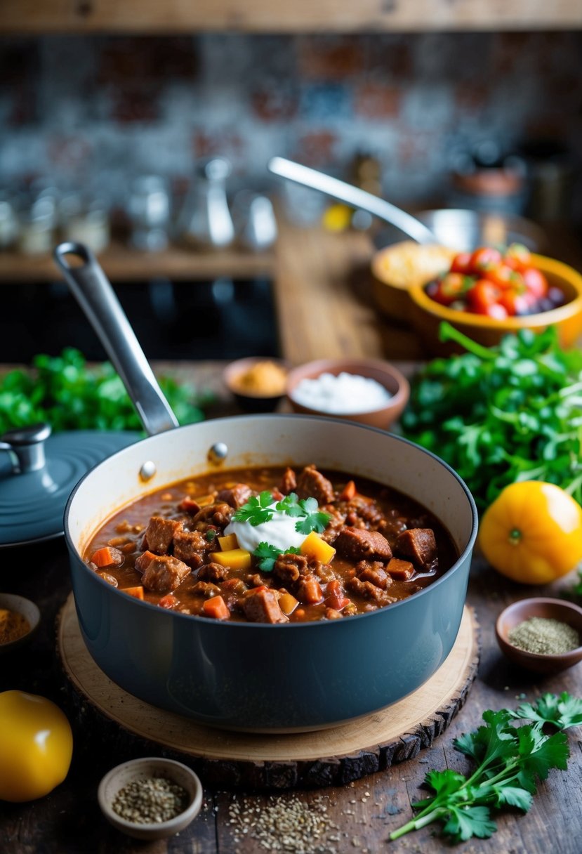 A simmering pot of Axis Deer Chili con Carne, surrounded by fresh ingredients and spices on a rustic kitchen counter