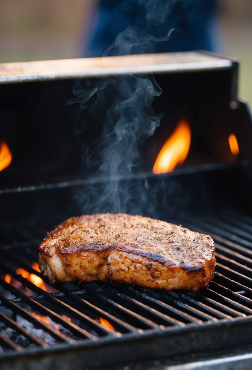 A seasoned axis tenderloin sizzling on a hot grill, with the aroma of maple sugar filling the air