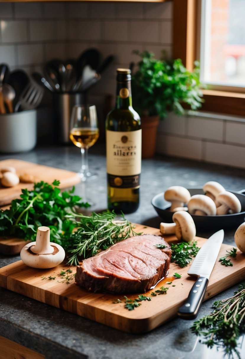 A rustic kitchen counter with fresh mushrooms, venison tenderloin, and a bottle of sherry, surrounded by cooking utensils and herbs