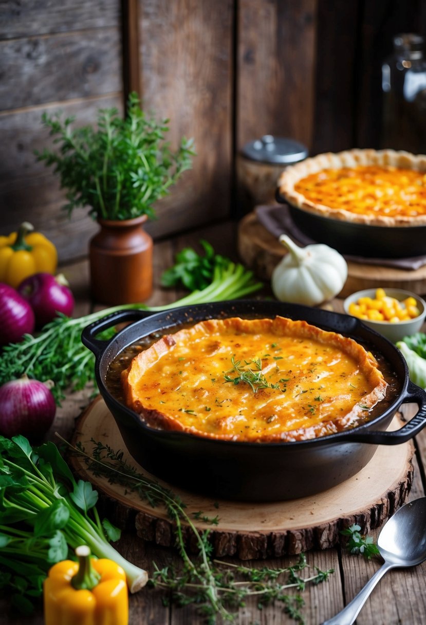 A rustic kitchen with a bubbling pot of venison stew, surrounded by fresh herbs, vegetables, and a golden-brown shepherd's pie in a cast-iron skillet