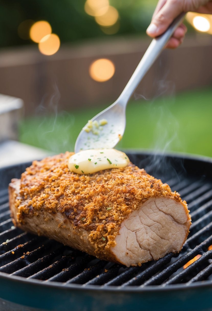 A sizzling axis tenderloin, coated in a fragrant spice crust, sizzling on a hot grill, with a dollop of garlic butter melting on top