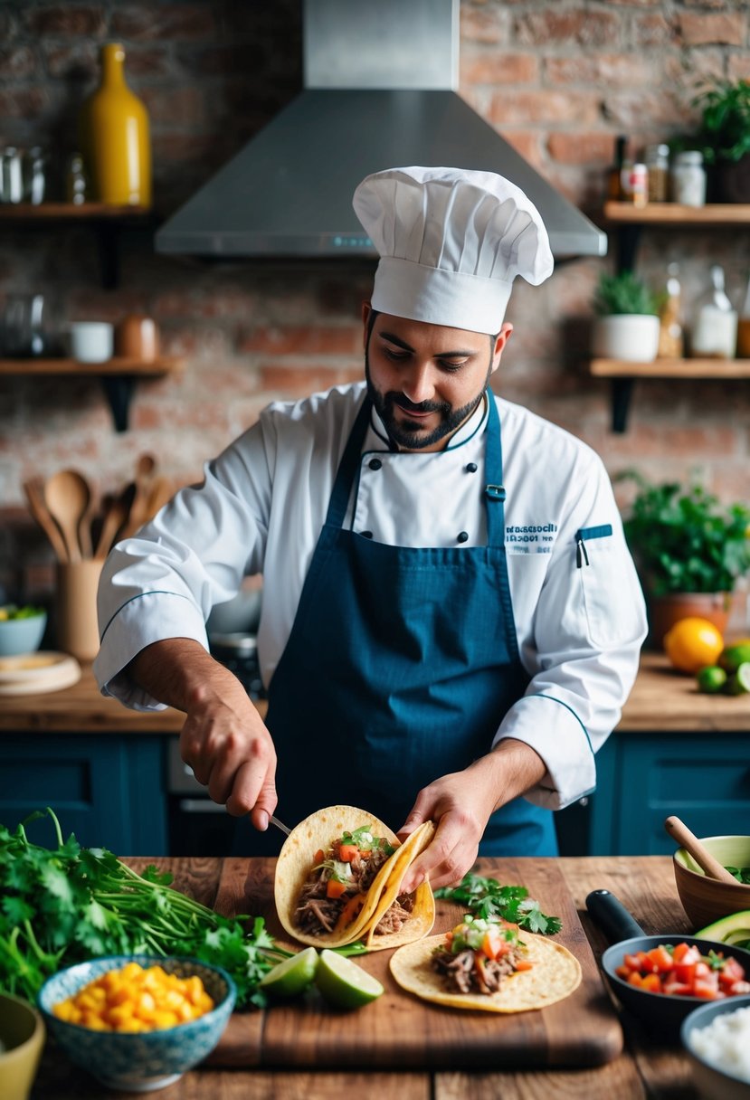 A chef prepares axis deer tacos with fresh salsa in a rustic kitchen, surrounded by colorful ingredients and cooking utensils