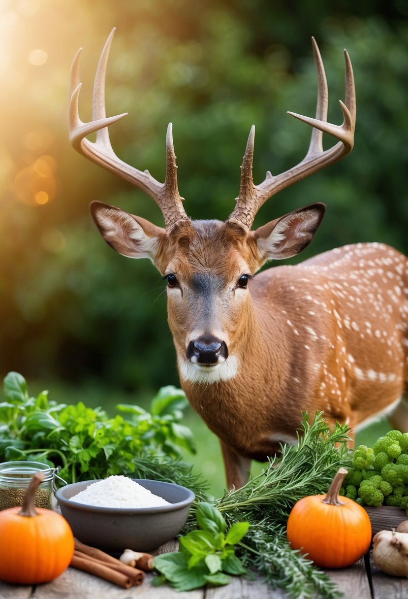 A poached axis deer surrounded by fresh herbs and spices