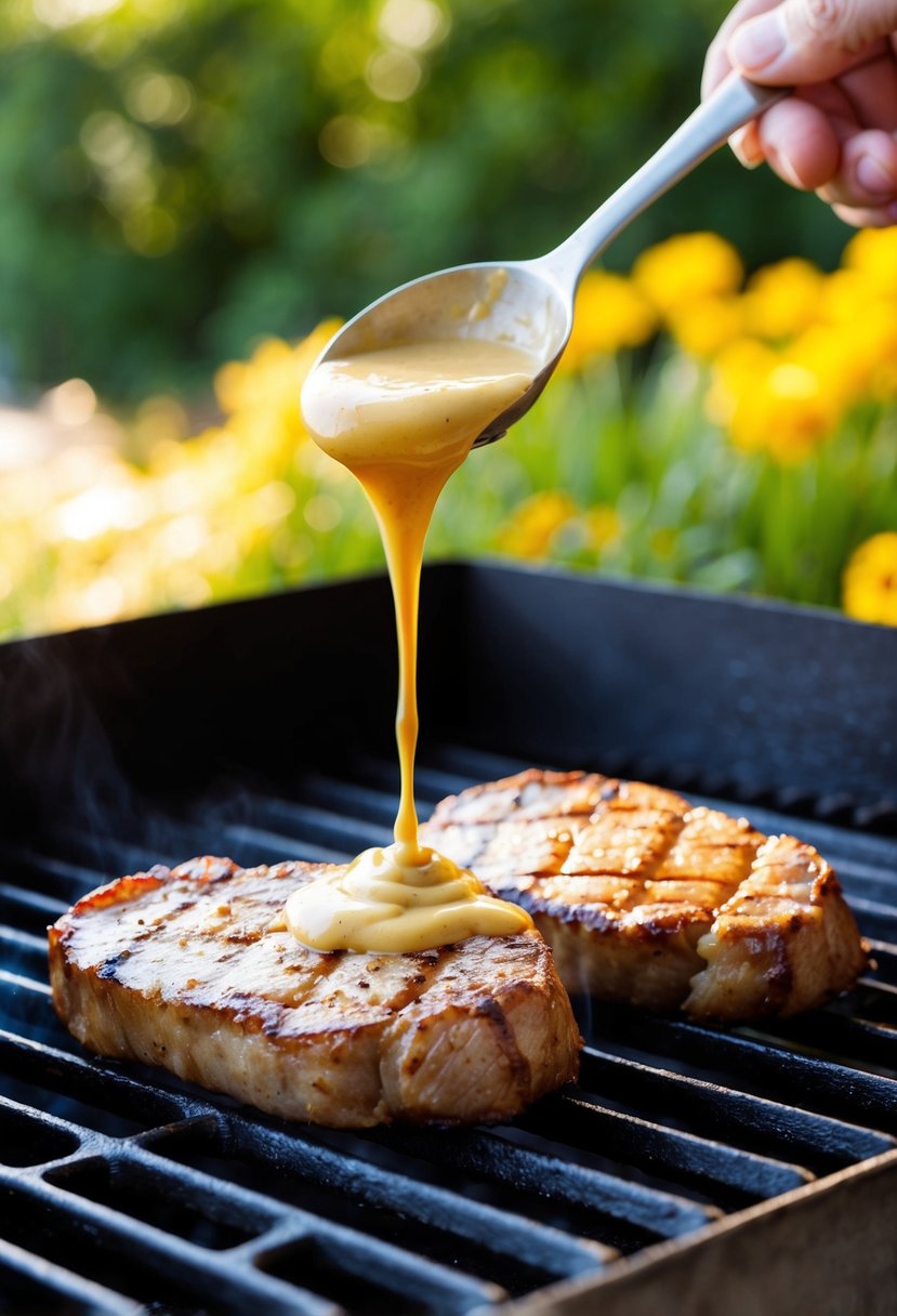 Two juicy tenderloin medallions sizzling on a hot grill, with a rich and creamy mustard sauce being drizzled over them