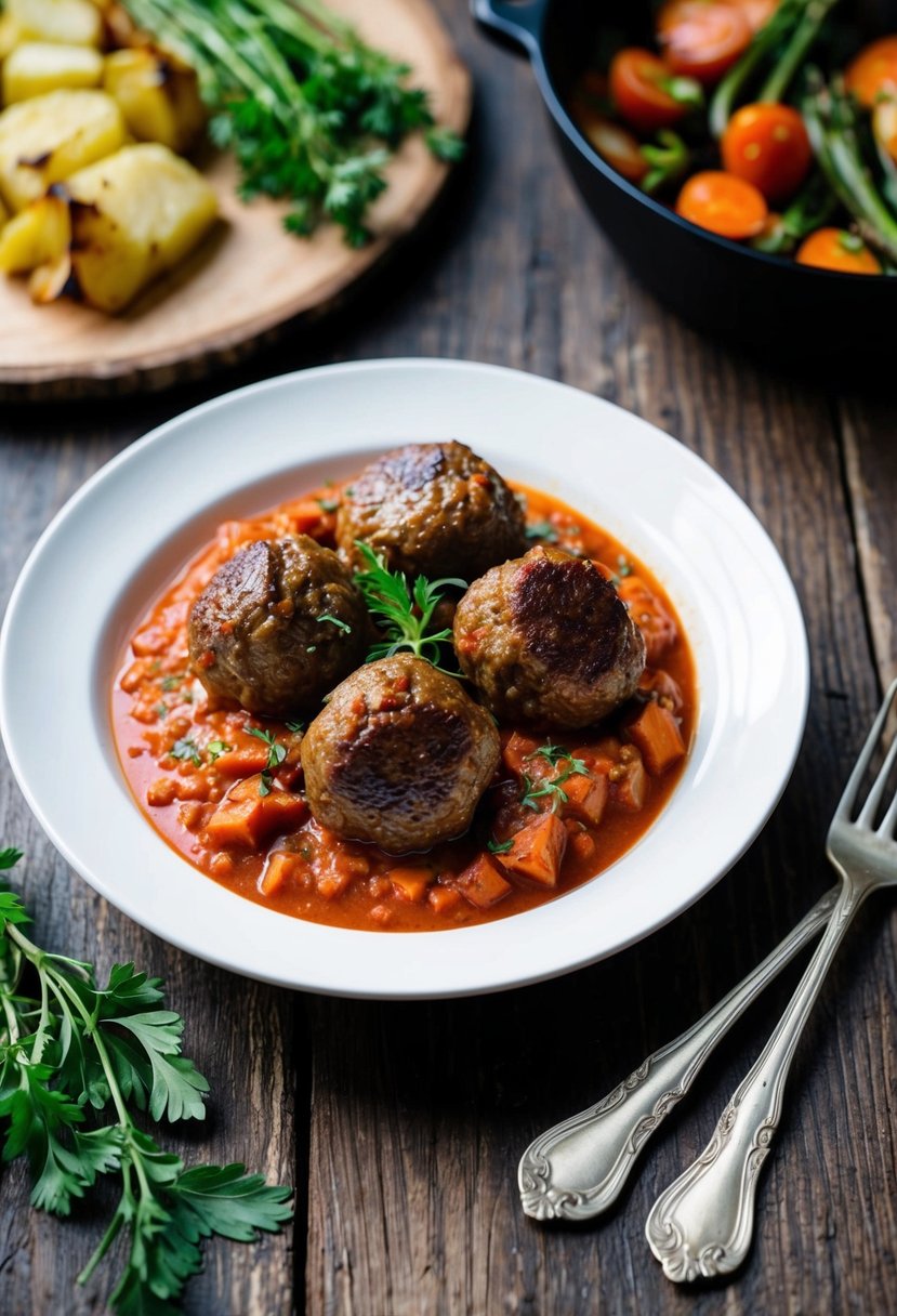 A rustic wooden table with a plate of venison meatballs in a rich tomato sauce, garnished with fresh herbs and served with a side of roasted vegetables