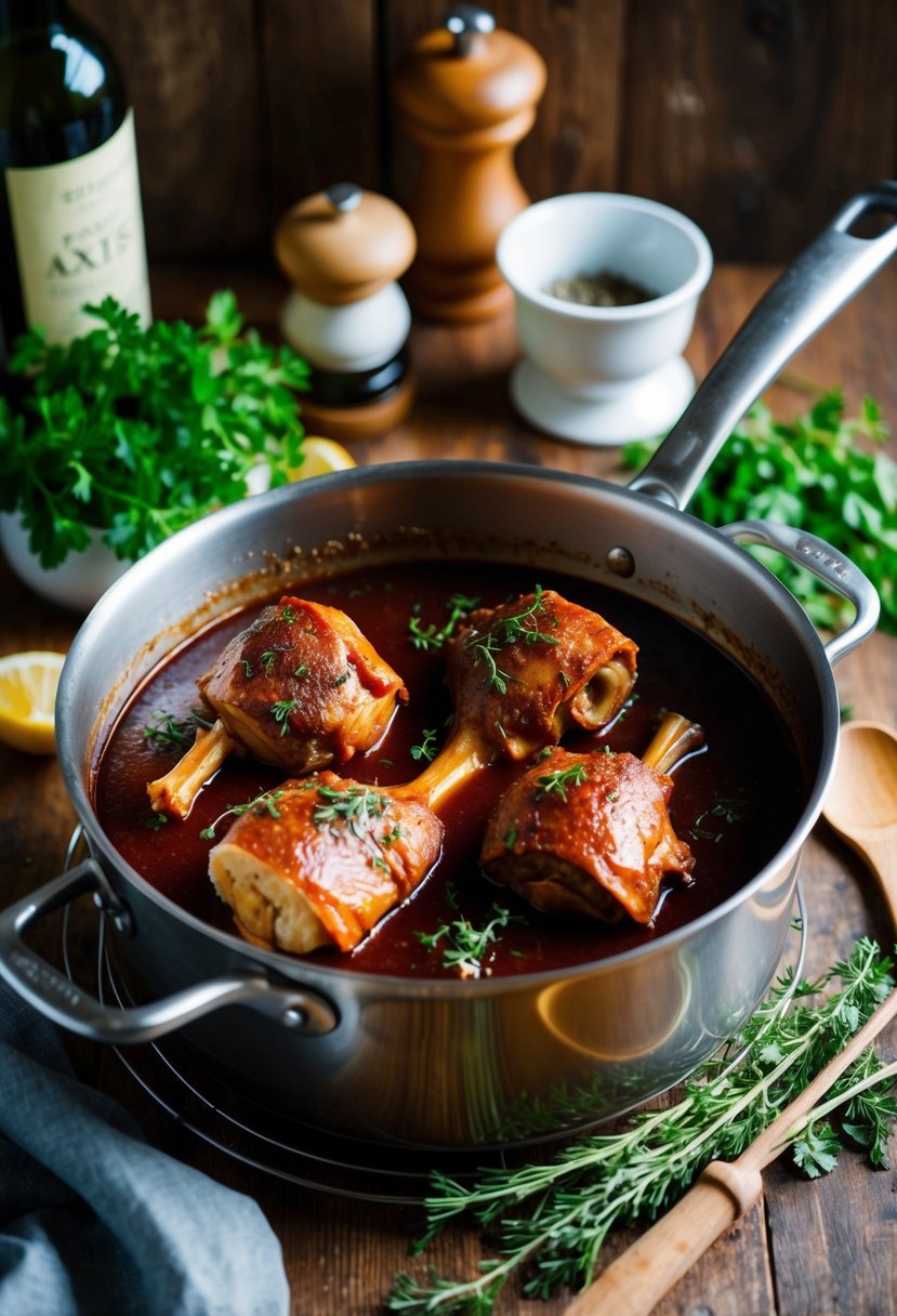 A rustic kitchen with a bubbling pot of slow-cooked axis in a rich red wine sauce, surrounded by fresh herbs and spices