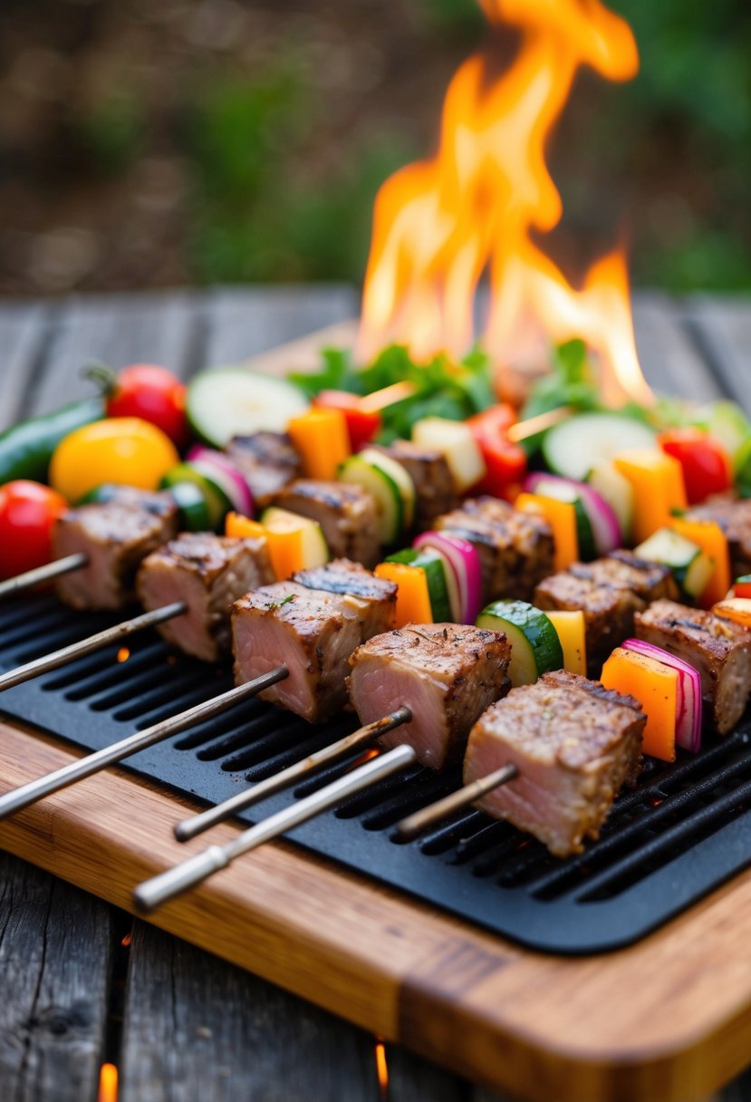 Skewered axis deer kebabs grilling over an open flame alongside a colorful array of fresh vegetables on a wooden cutting board