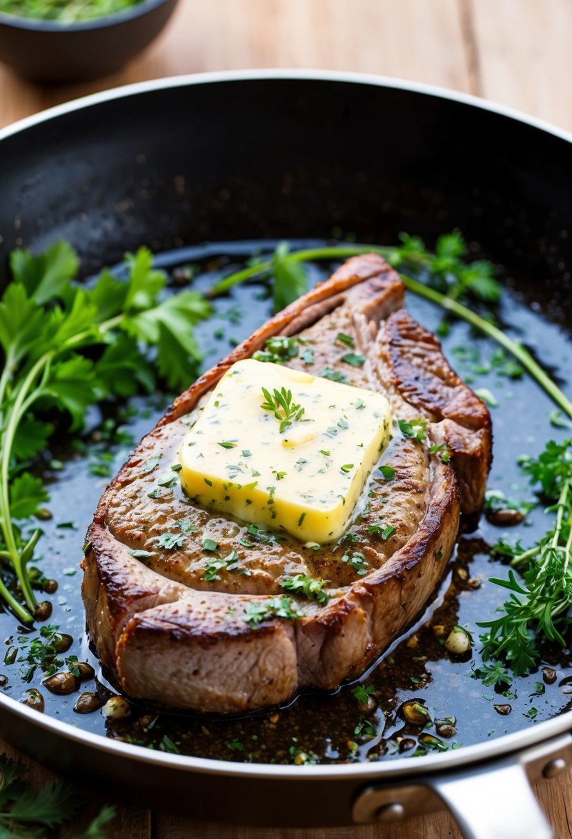 A sizzling tenderloin steak with herb butter melting on top, surrounded by fresh herbs and seasonings on a hot skillet