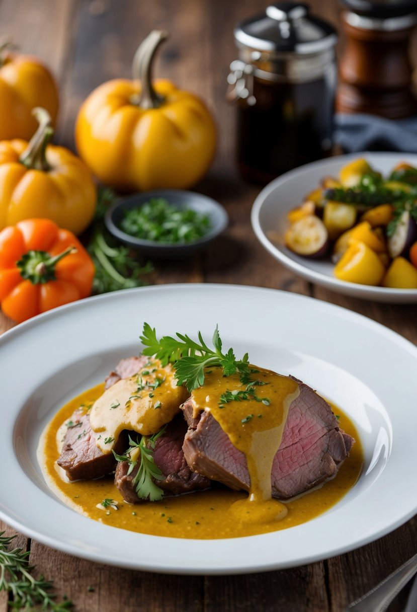 A platter of venison with a glossy mustard glaze, garnished with fresh herbs and served with roasted vegetables