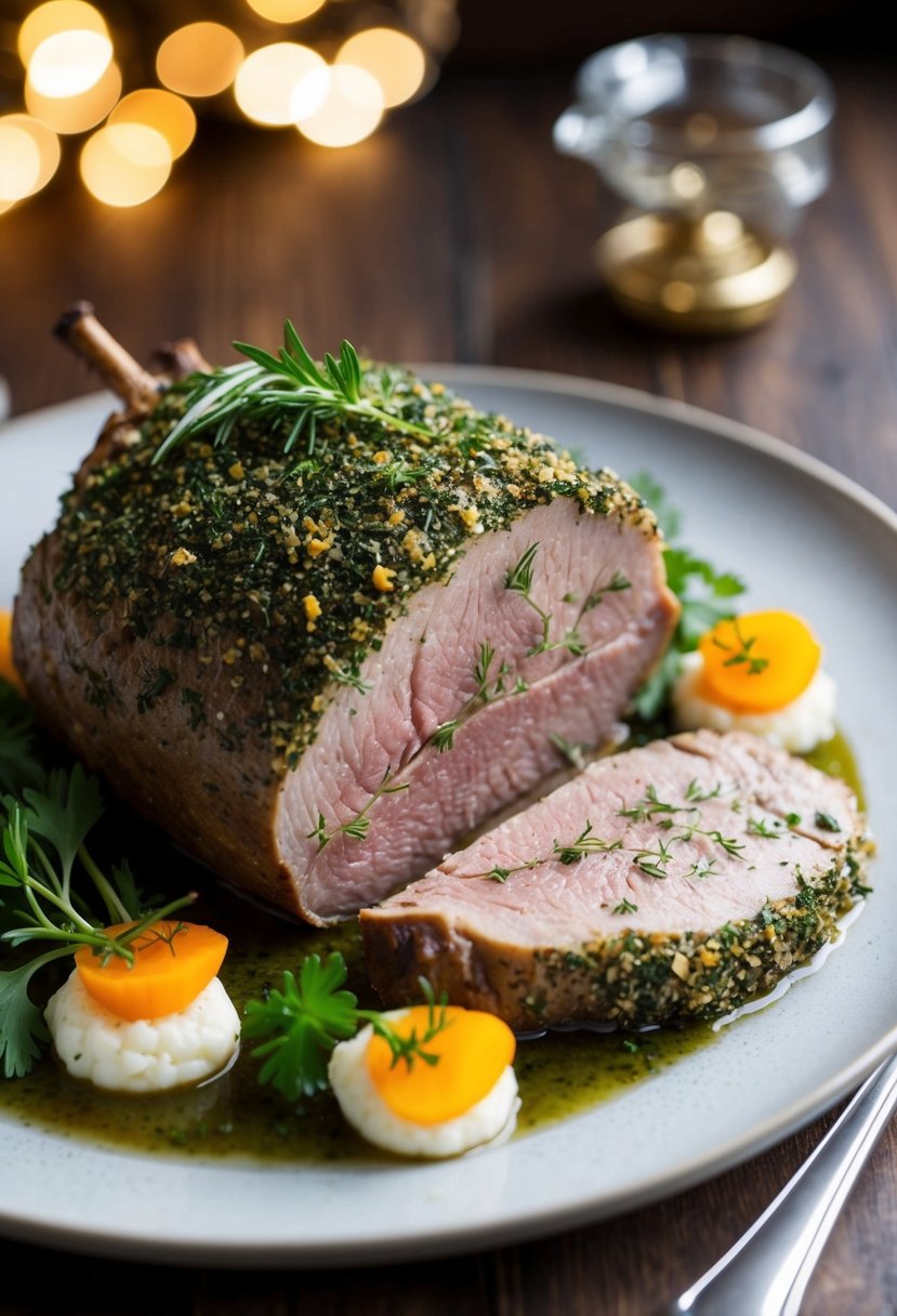 A beautifully plated herb-crusted axis venison roast with garnishes