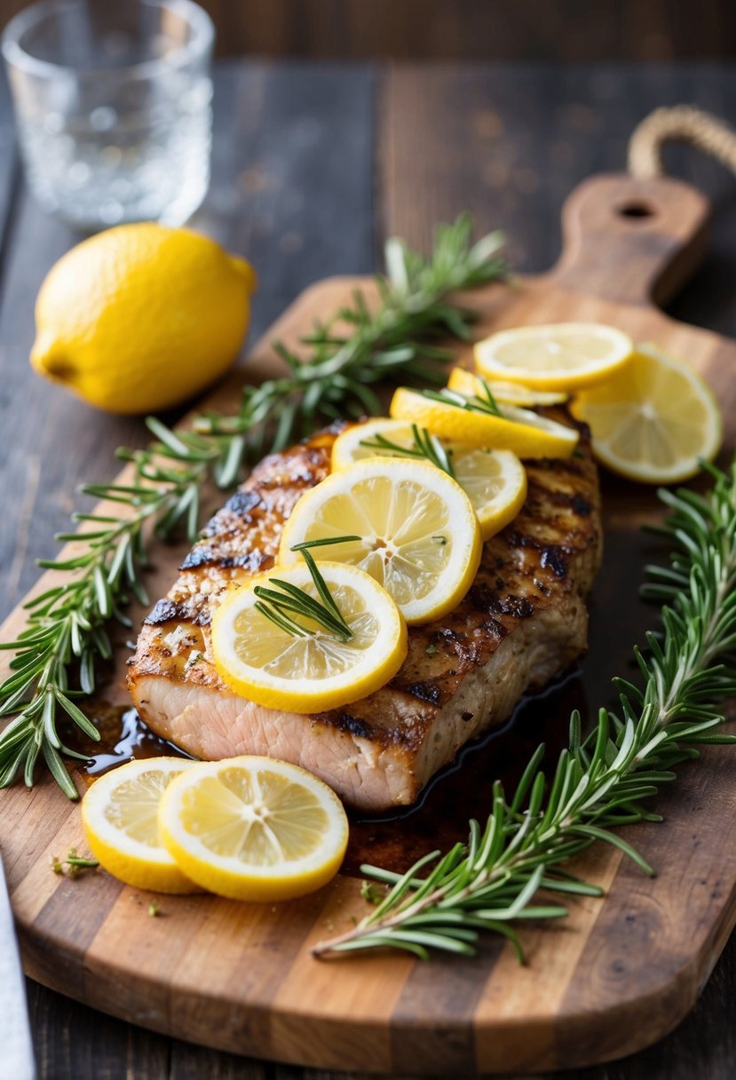 A sizzling grilled axis tenderloin garnished with fresh lemon slices and sprigs of rosemary on a rustic wooden cutting board