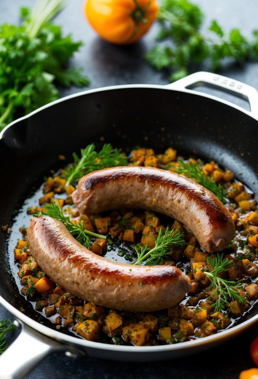 A sizzling skillet holds spicy axis deer sausage, surrounded by vibrant herbs and seasonings