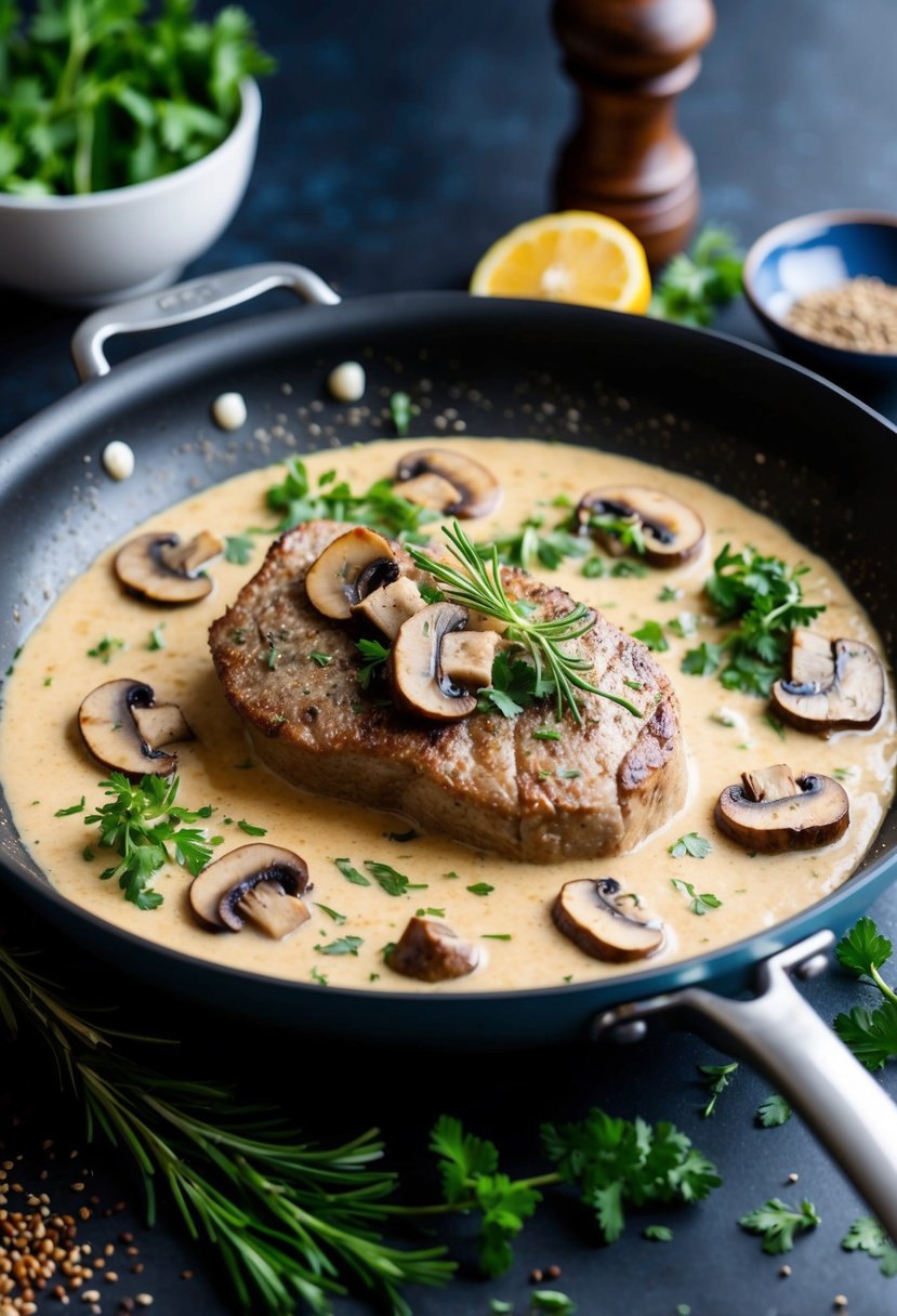 A sizzling pan with tenderloin and mushrooms in a creamy sauce, surrounded by fresh herbs and spices