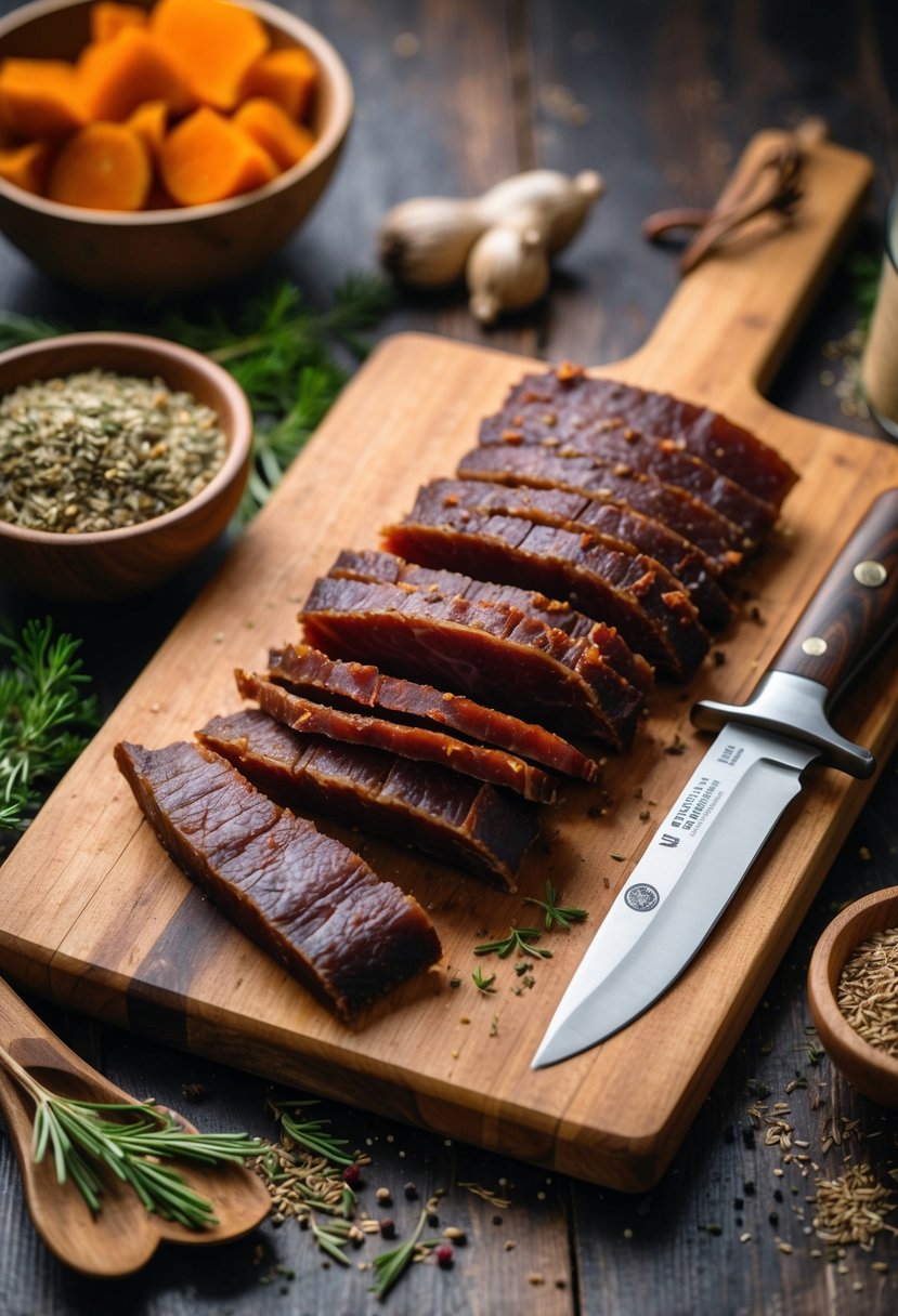 A rustic wooden cutting board with slices of smoked axis venison jerky, surrounded by ingredients like herbs, spices, and a hunting knife