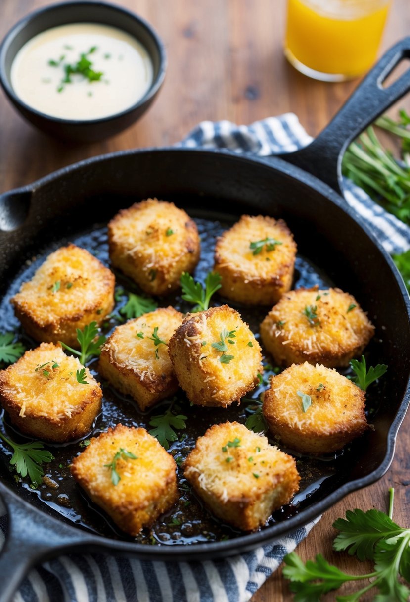 A sizzling skillet of crispy, golden-brown Axis Tenderloin Bites with a savory Parmesan crust, garnished with fresh herbs and served with a side of dipping sauce