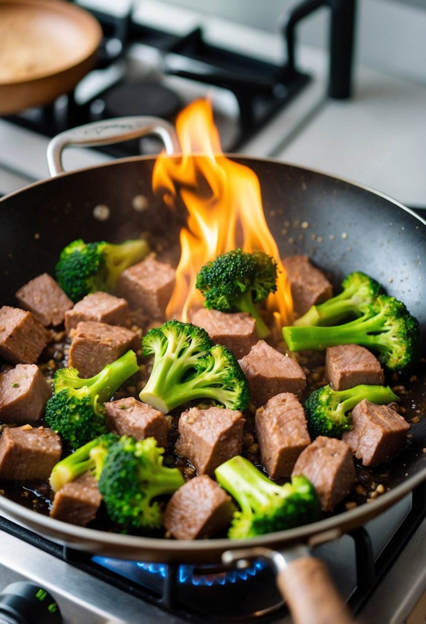 A sizzling stir-fry pan with chunks of axis deer meat and broccoli cooking over a high flame