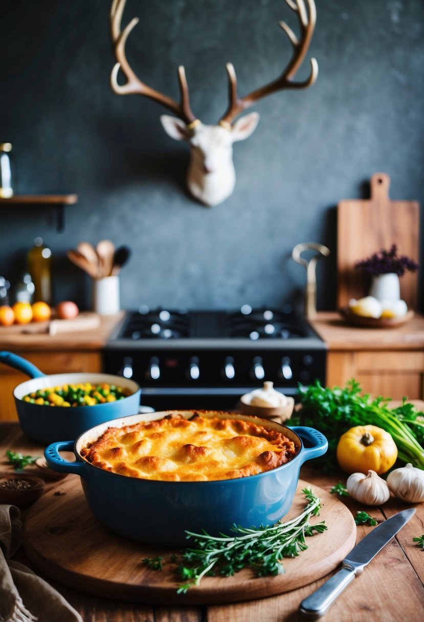 A rustic kitchen with a bubbling pot of shepherd's pie, surrounded by fresh ingredients and a pair of antlers hanging on the wall