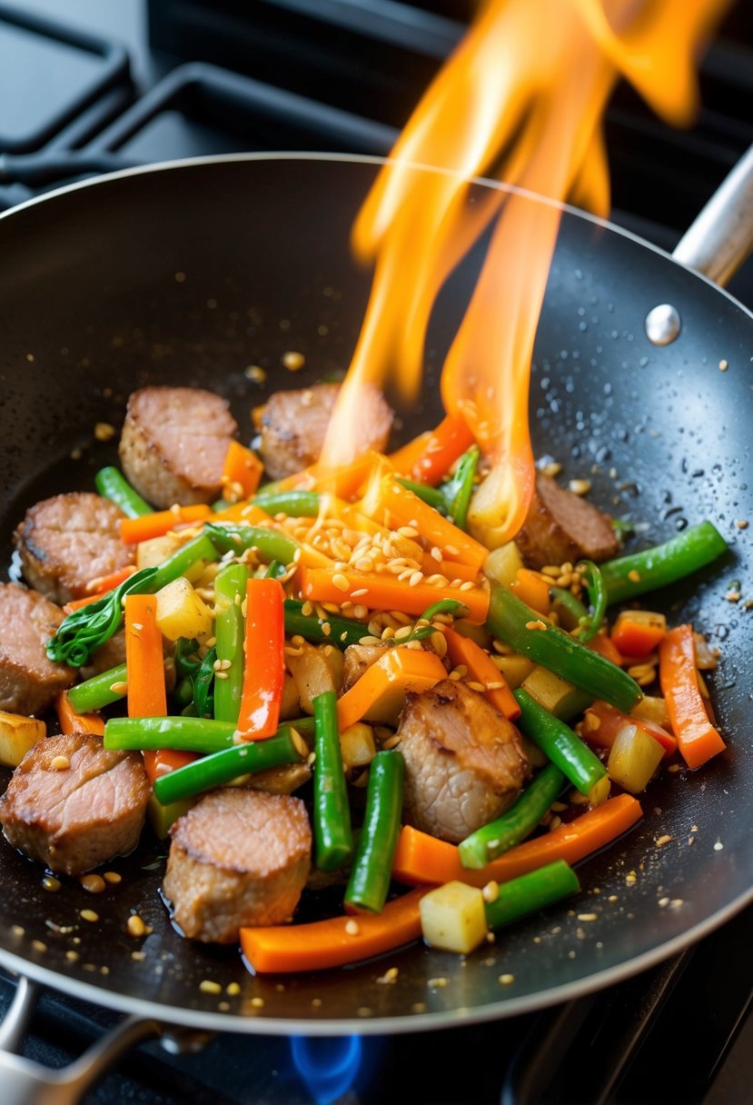 A sizzling stir-fry pan with tenderloin, soy sauce, and colorful vegetables being tossed together over a high flame