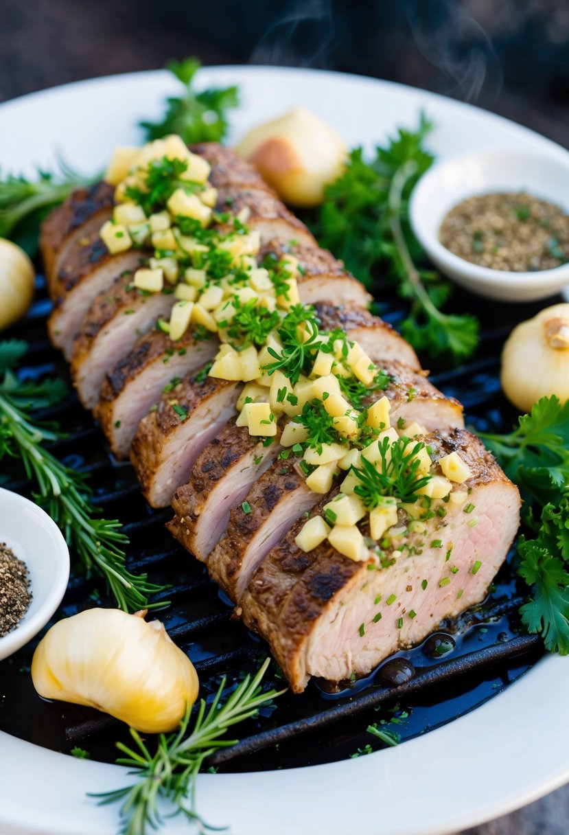 A platter of garlic-stuffed axis tenderloin, surrounded by fresh herbs and spices, sizzling on a hot grill