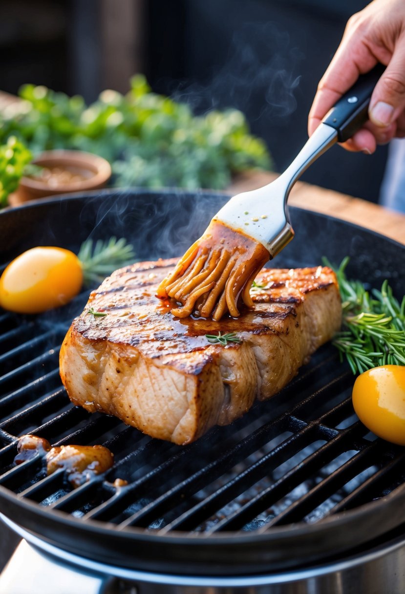 A juicy axis tenderloin sizzling on a hot grill, brushed with Worcestershire sauce marinade, surrounded by fresh herbs and spices