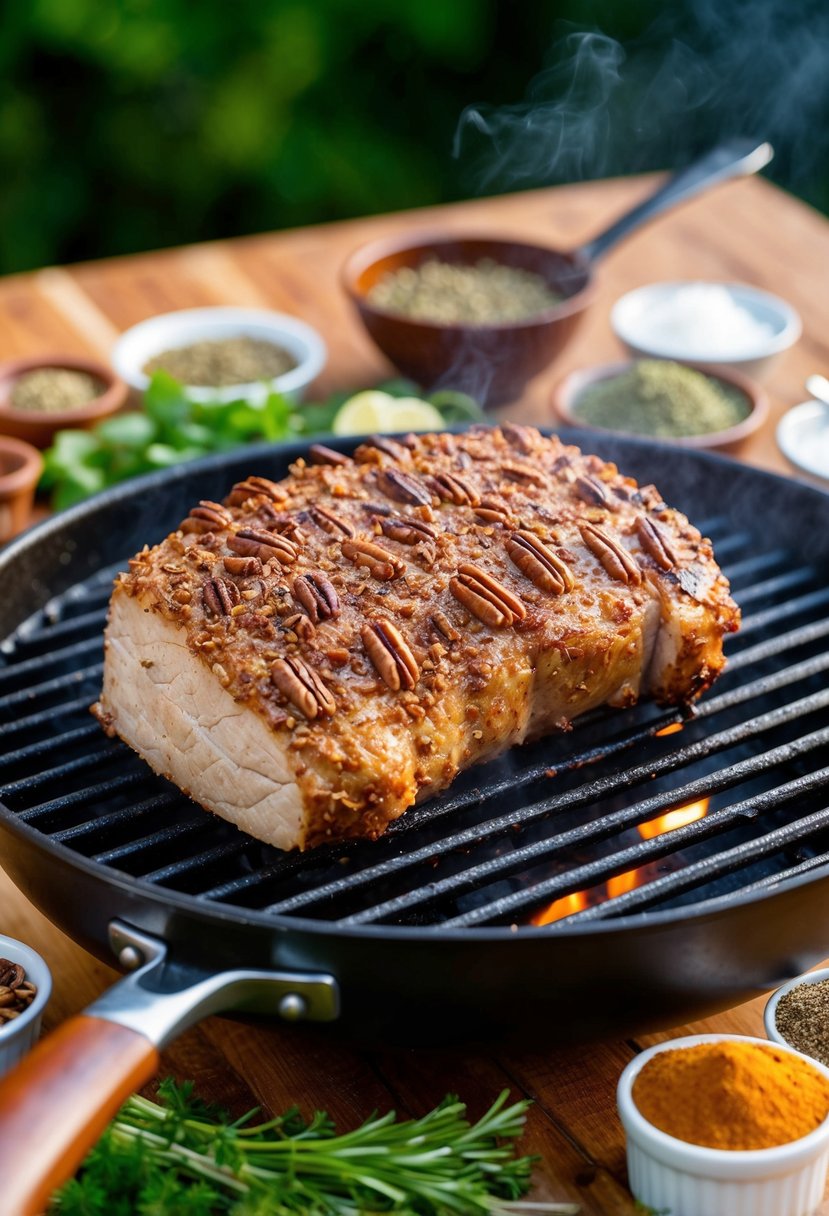 A pecan-crusted axis tenderloin sizzling on a hot grill, surrounded by a variety of fresh herbs and spices