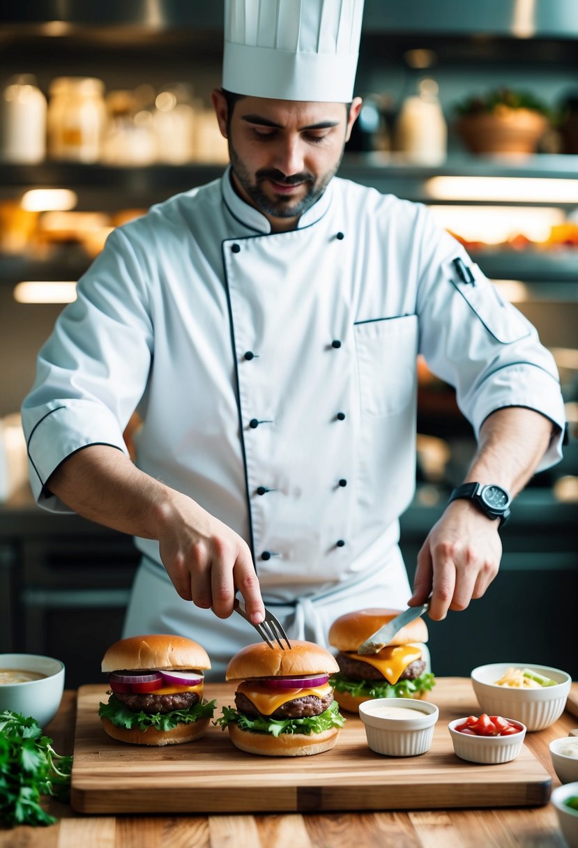 A chef preparing a variety of burger recipes with fresh ingredients and condiments on a wooden cutting board