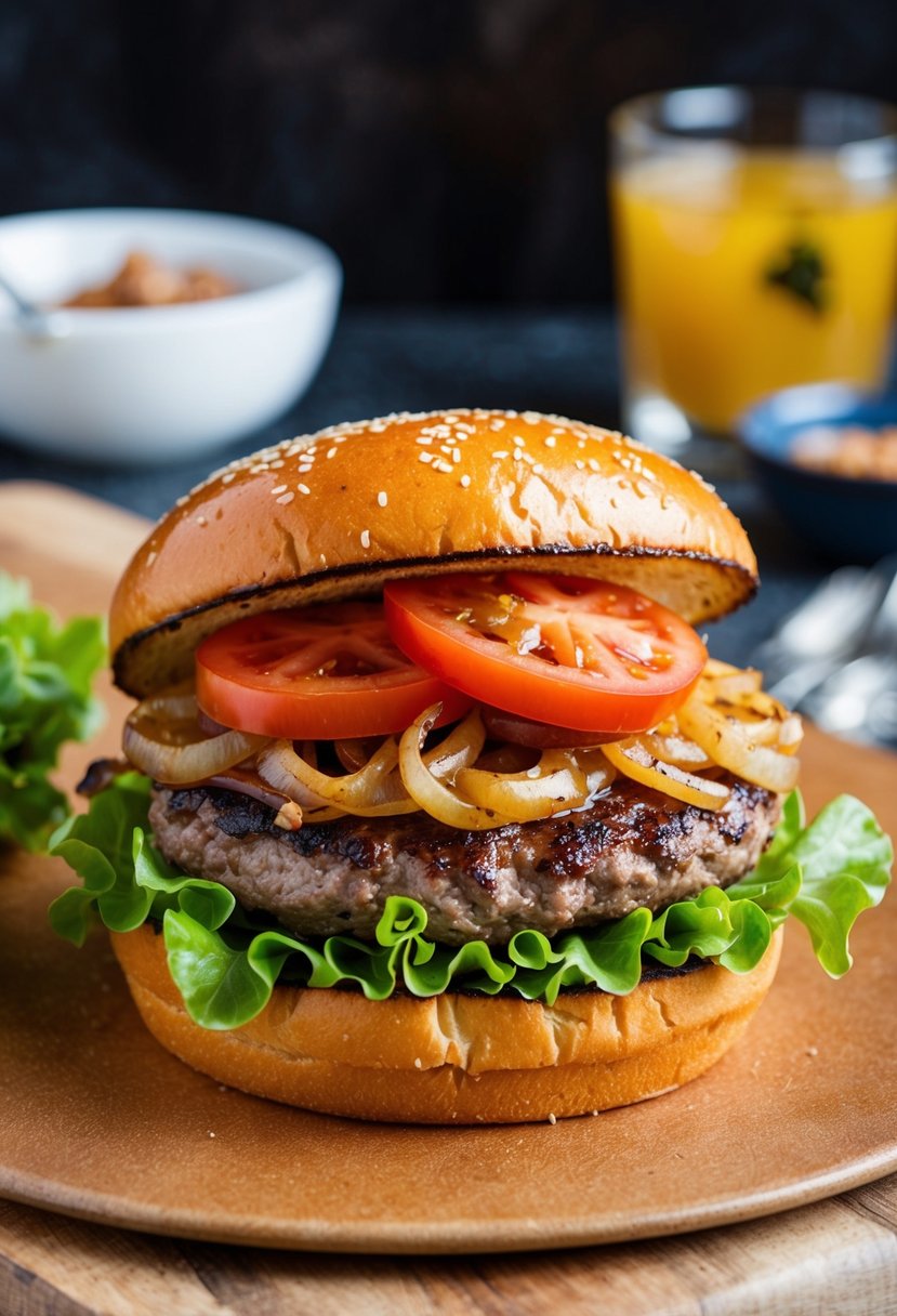 A sizzling burger topped with caramelized onions, lettuce, and tomato, served on a toasted sesame seed bun