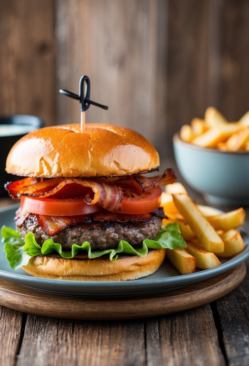 A sizzling burger with smoked bacon, topped with lettuce and tomato, served with a side of crispy fries on a rustic wooden table