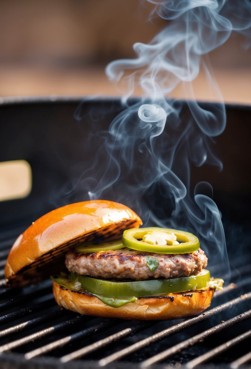 A sizzling jalapeño burger on a grill with smoke rising