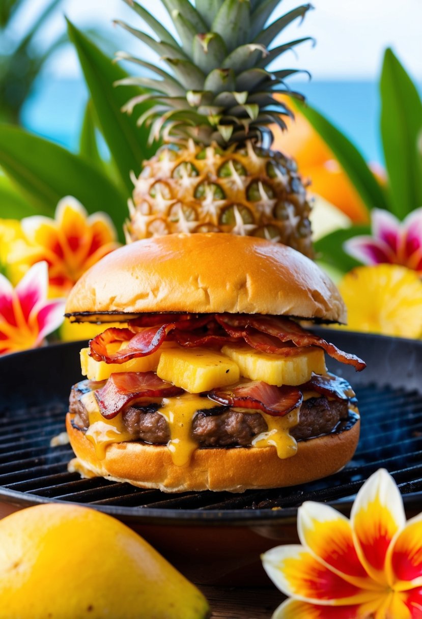 A juicy Hawaiian Style Axis Burger sizzling on a grill with pineapple, bacon, and teriyaki sauce, surrounded by colorful tropical fruits and flowers