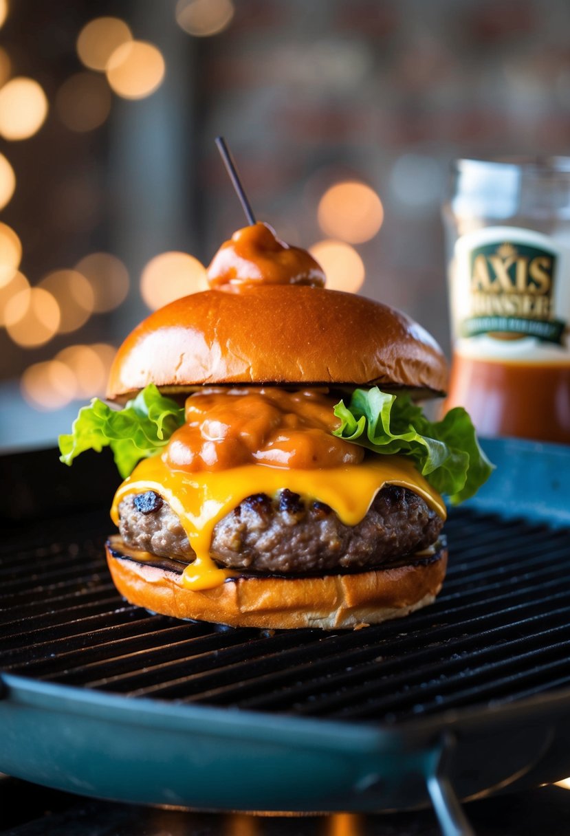 A juicy venison cheeseburger sizzling on a hot grill, topped with melted cheese, crispy lettuce, and a dollop of tangy axis burger sauce