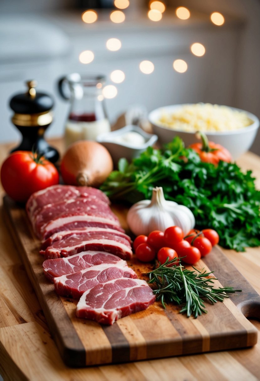 A cutting board with various raw meats and ingredients arranged for a recipe