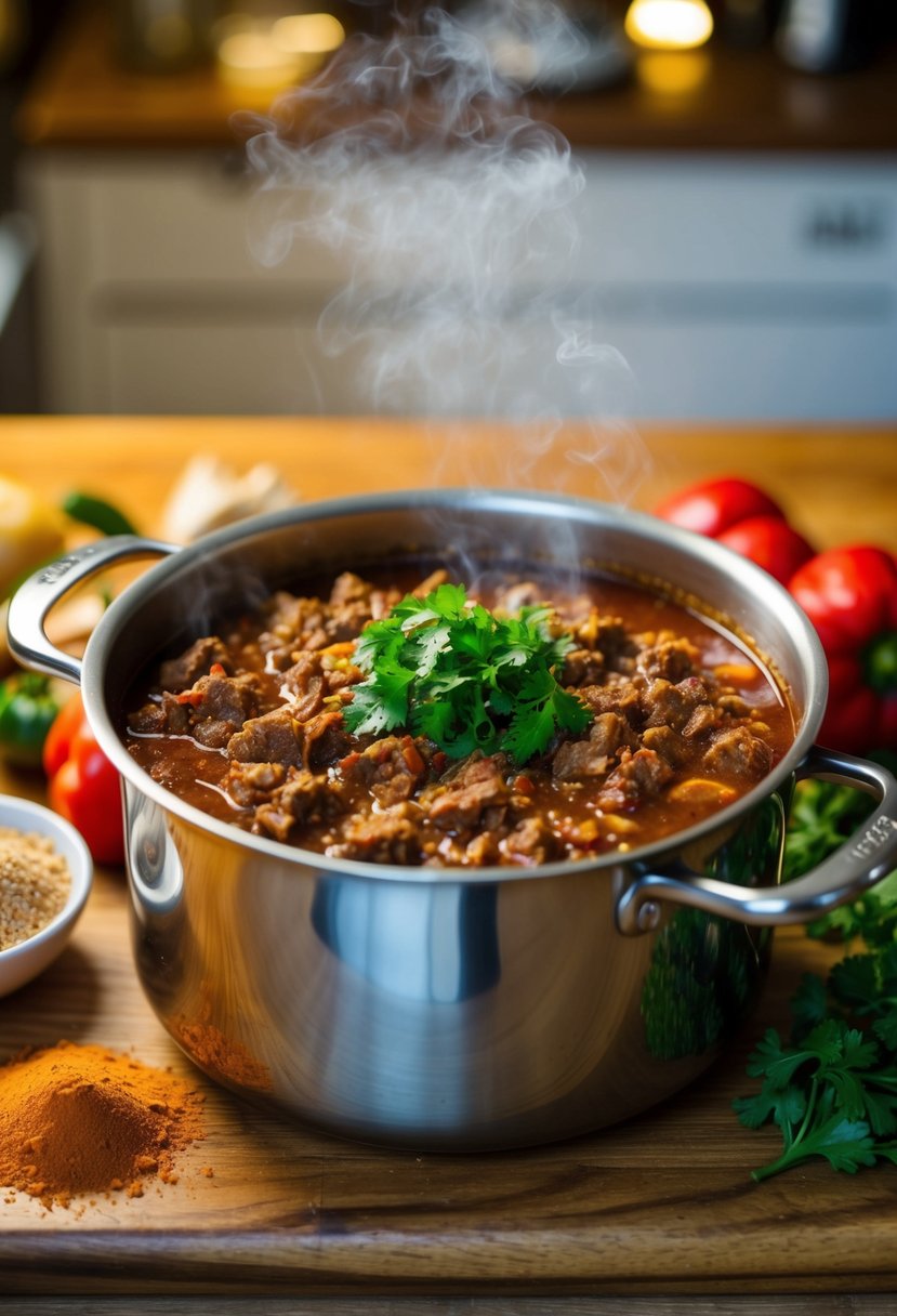 A pot bubbling with axis meat chili, surrounded by various spices and ingredients on a wooden countertop